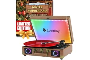 LOOPLAY Premium Bluetooth Vinyl Record Player with Speakers & LED Lights – Portable Suitcase Turntable, 3-Speed LP Vinyl Player with Auto-Stop & RCA Output – Retro Gift, Exclusive Holiday Album Included