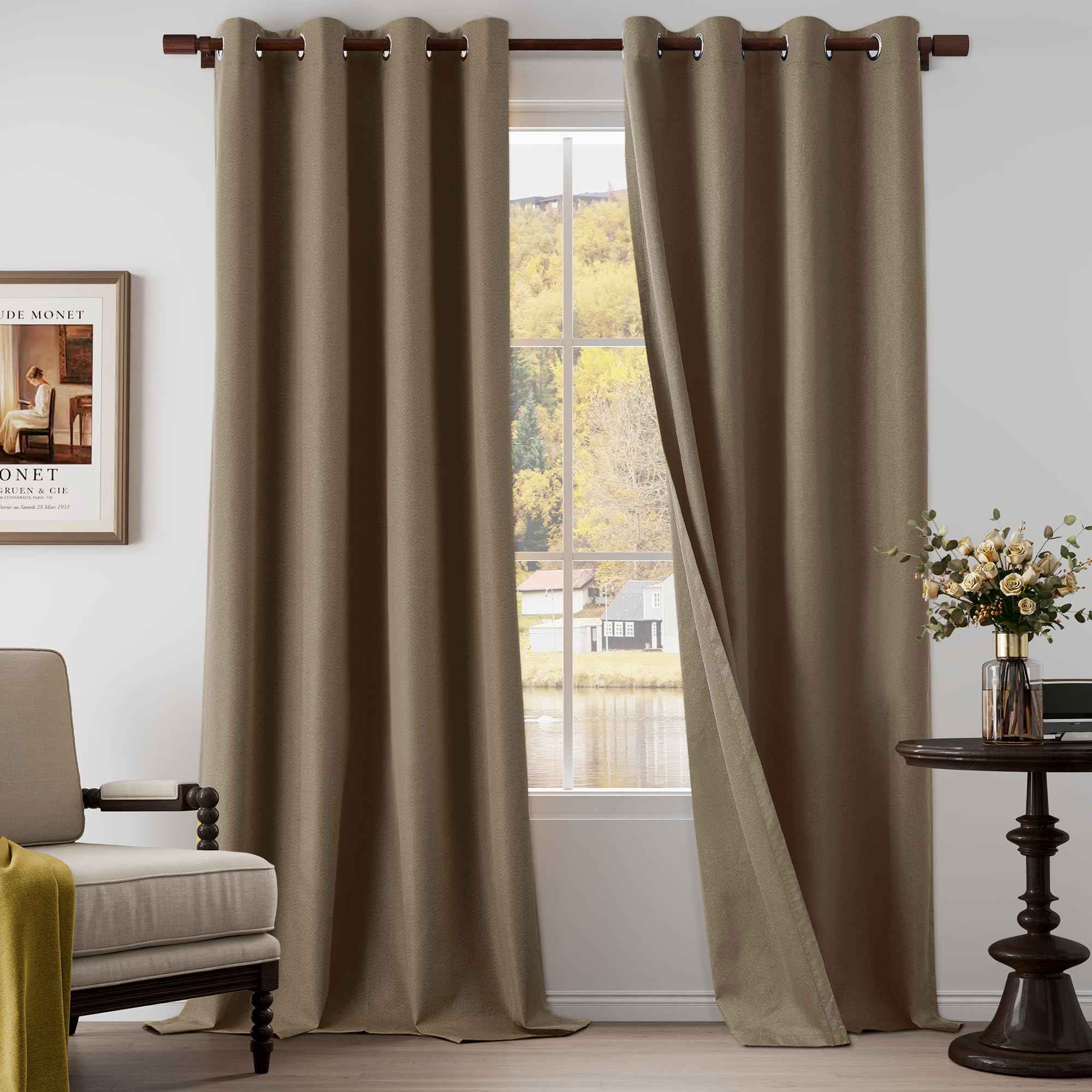 Photo 1 of 100% Blackout Linen Textured Curtains 108 Inch Length 2 Panels Set for Living Room, Bedroom, Light Weight Curtains with Grommets Top, Full Blackout Curtains Privacy Protection, Brown, 52" W x 108" L