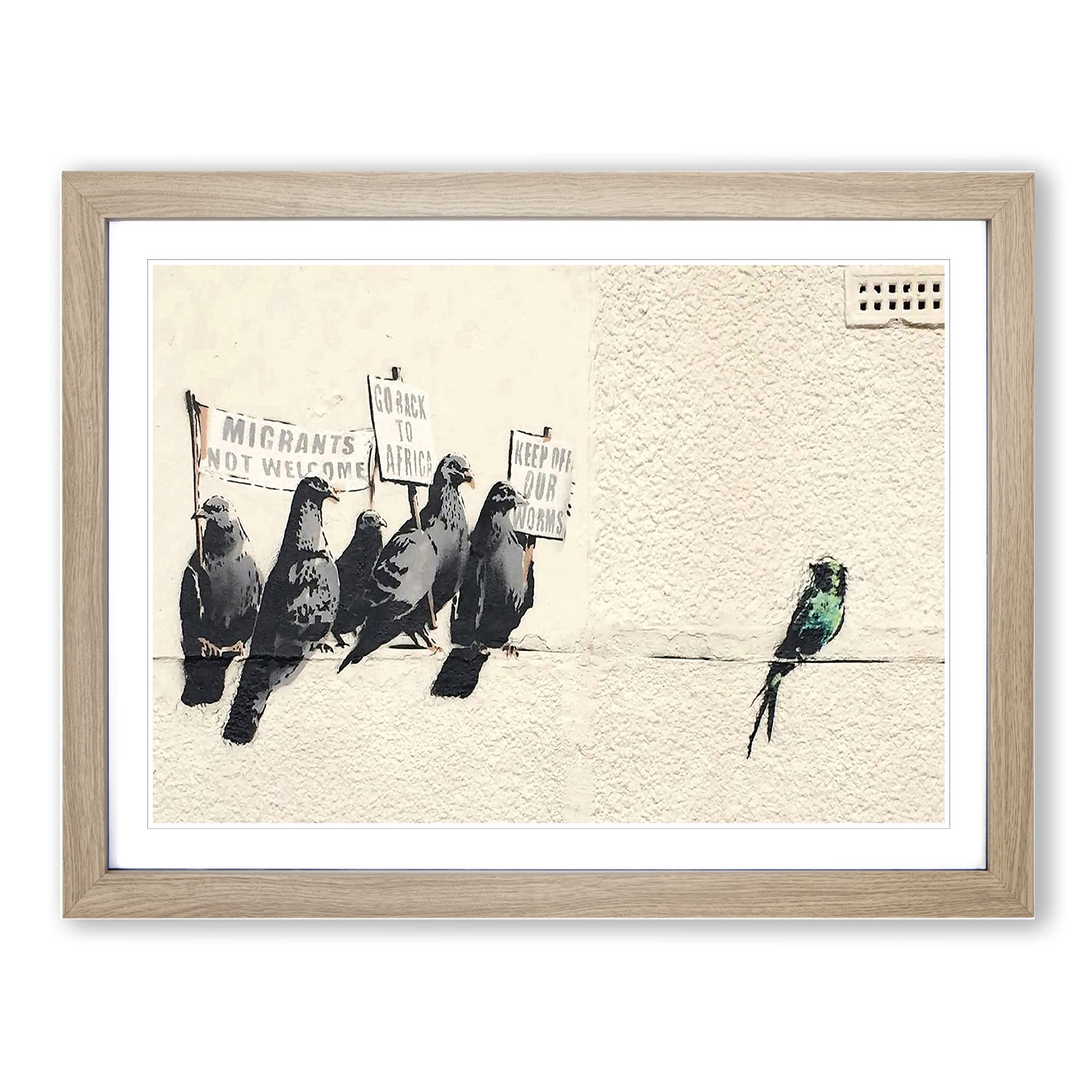 Banksy Birds Graffiti Wall Art Modern Framed Wall Art Print, Ready to Hang Picture for Living Room Bedroom Home Office Décor, Oak A4 (34 x 25 cm)
