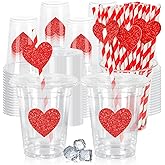 JarThenaAMCS 50Pcs Valentine's Day Disposable Plastic Cups with Lids and Straws 12oz Red Heart Glitter Party Cups Cold Beverage Drinking Cups for Wedding Birthday Party Supplies
