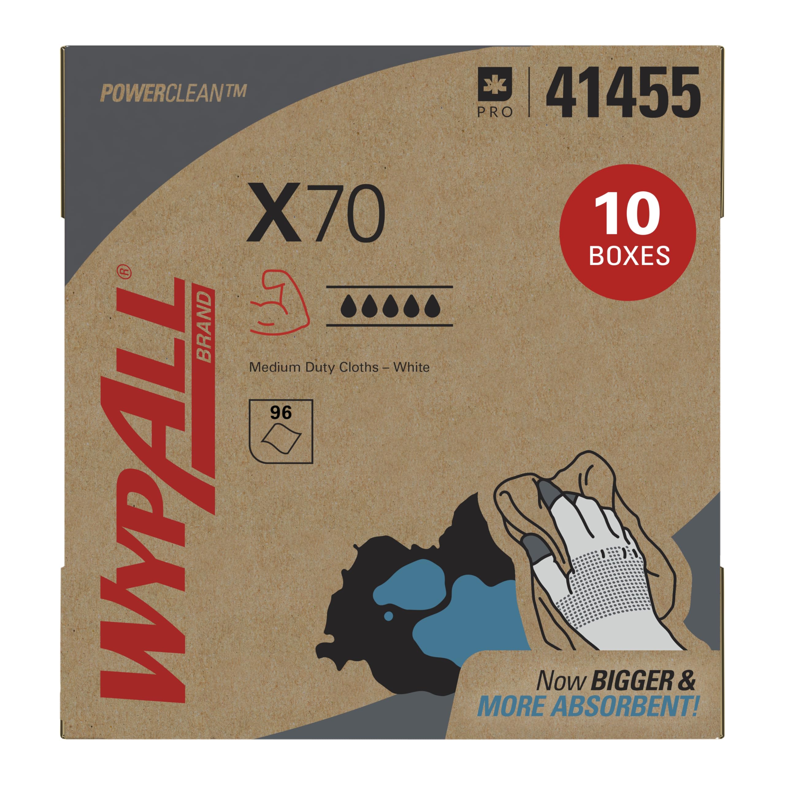 Wypall PowerClean X70 Cloths Medium Duty Wipes (41455), Pop-Up Box, Long Lasting Towels, White (10 Packs of 96 Sheets, 960 Sheet Total)