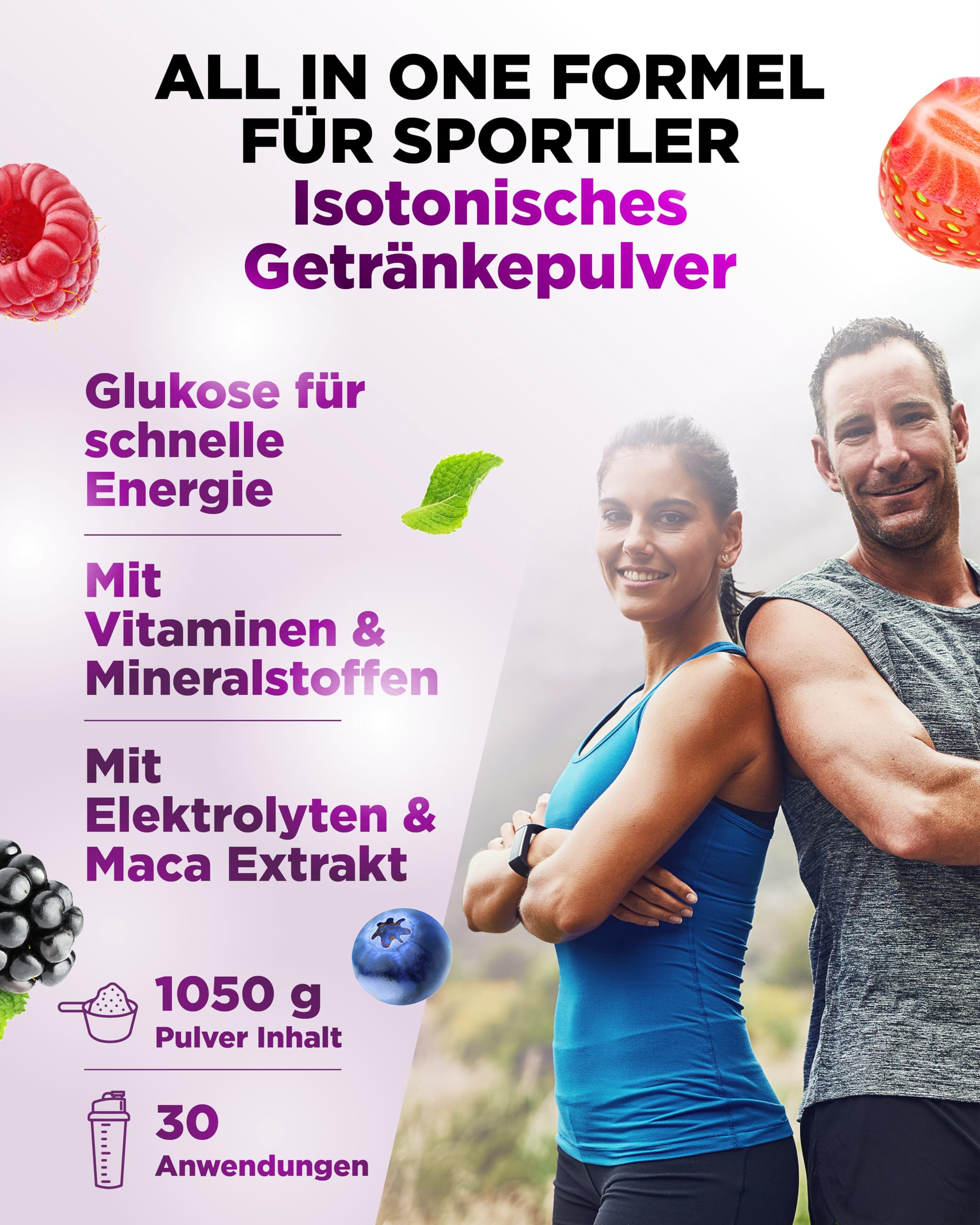 vit4ever Isotonic Plus Drink - 1050 g Isotonisches Getränkepulver – mit Kohlenhydraten, Elektrolyten, Vitaminen und Maca - Hydration & Recovery Formel - vegan (Beeren Fruchtmix) 2