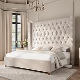PaPaJet King Bed Frame 61.4" Tall Upholstered Wingback Headboard, Cream | Velvet Deep Button Tufted, Handcrafted Pleats, Noise-Free, No Box Spring Needed, Wood Slats, Solid Wood Legs, Easy Assembly