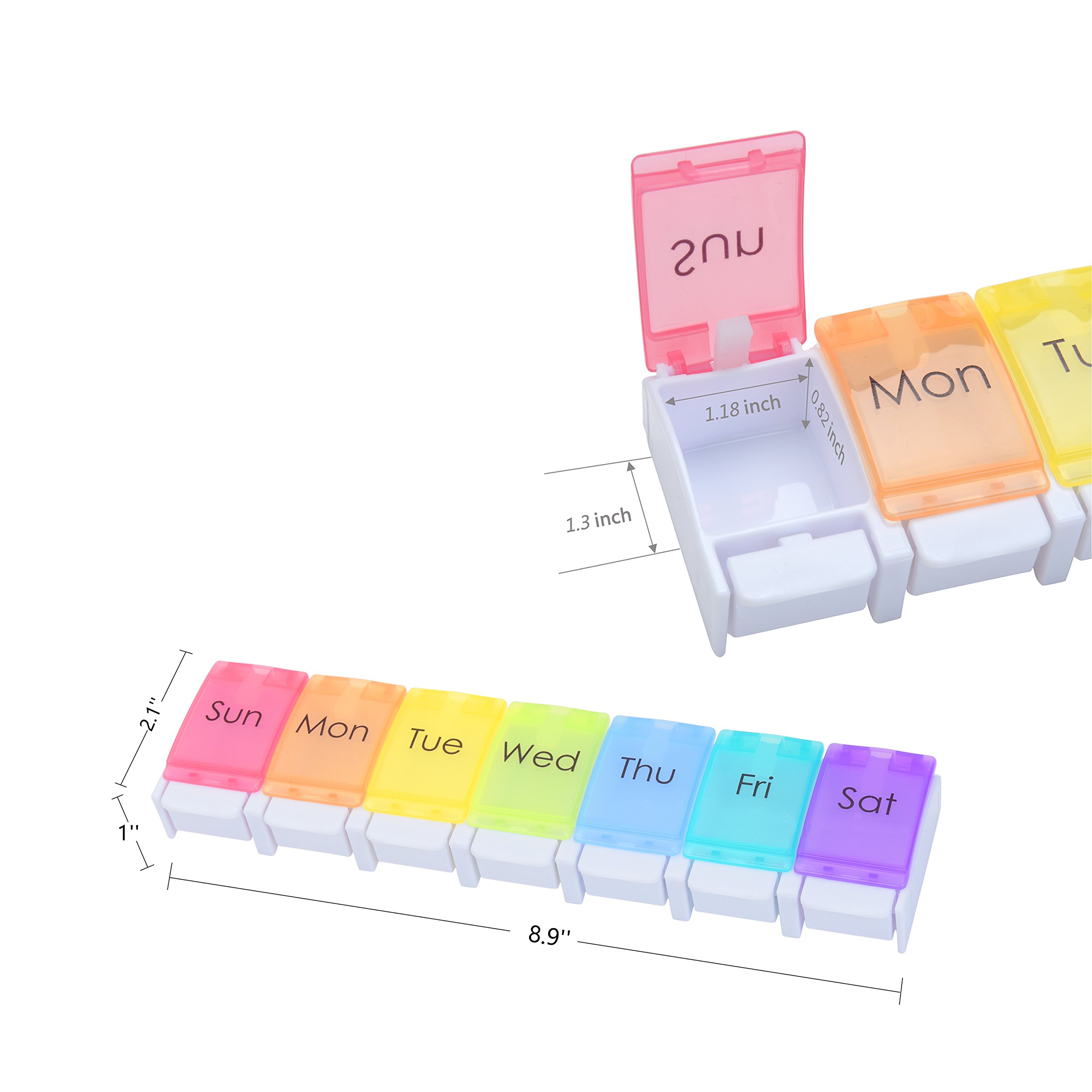 Pill Organizer, CHC Weekly Pill Planner Portable Travel Pill Container with Spring Assisted Open Large Compartments to Vitamins, Fish Oil, Supplements, Rainbow