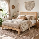 Jojoka Eclectic Rattan Bed Frame with Natural Headboard &amp; RGB LED Lights - Full Size, Silent Slats, Storage Headboard, Plain Wood Platform, Noise-Free, No Box Spring Needed (New Structure RGB LED)