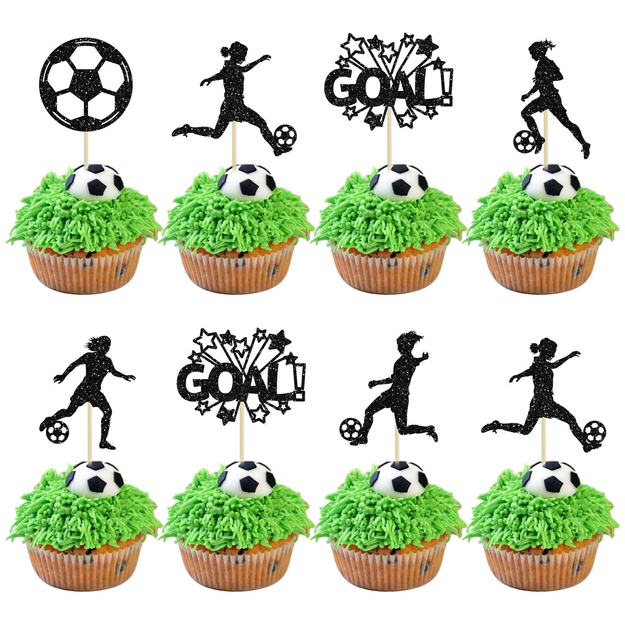 24Pcs Soccer Cupcake Toppers Glitter Women Girl Football Cake Decorations Sports Theme Cupcake Picks for Soccer Party Decoration Baby Shower Cake Decoration