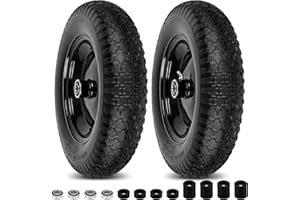 PHEPETROLL 4.80/4.00-8" Flat Free Wheelbarrow Tires and Wheels, 14.5" Universal Fit Solid Tires with 5/8" or 3/4" Bearing, 3"-7" Hub, Adapter Kit Hand Truck Wheels Replacement for 3.50/2.50-8", 4.00-6"etc, 2 PCS