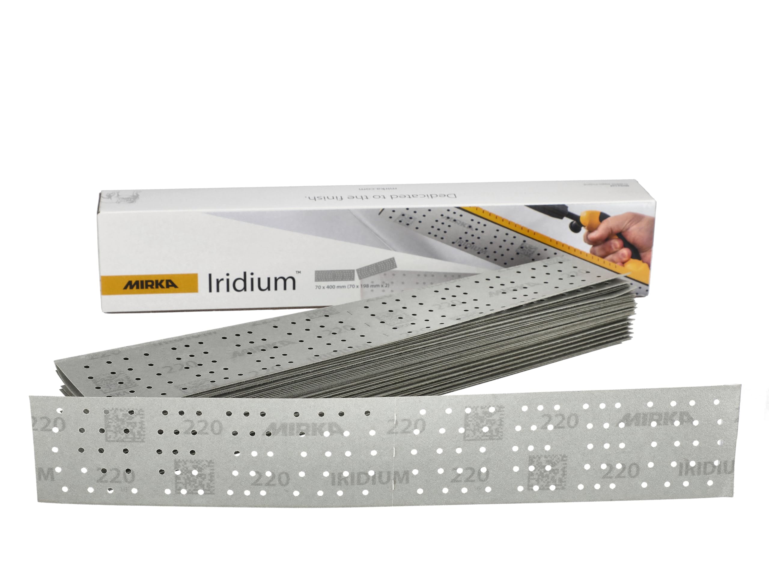 Mirka Iridium Premium Sandpaper 70x400mm and 70x198mm / Center perforated/Hook & loop/Grit 220, 50 pcs/For sanding paint, putty, primer, wood, steel, mineral materials, plastic.