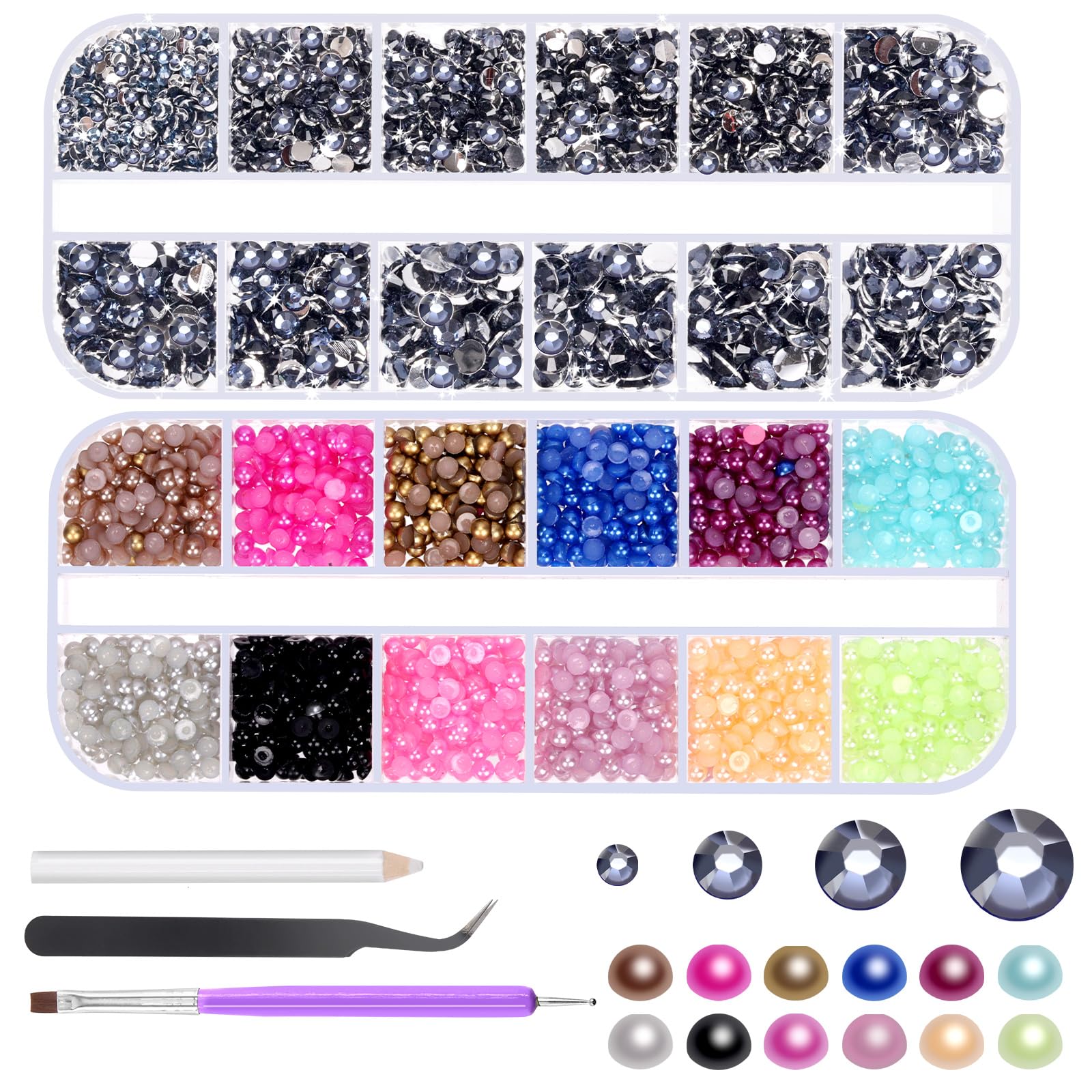 Glarks 4403pcs Rhinestone Gems and Flat Back Pearl Set, 2MM 3MM 4MM 5MM Ink Blue Flat Back Gems Crystal Rhinestones, 3MM Flatback Pearl Half Pearl Half Round Flat Back Pearl with 3pcs Tools