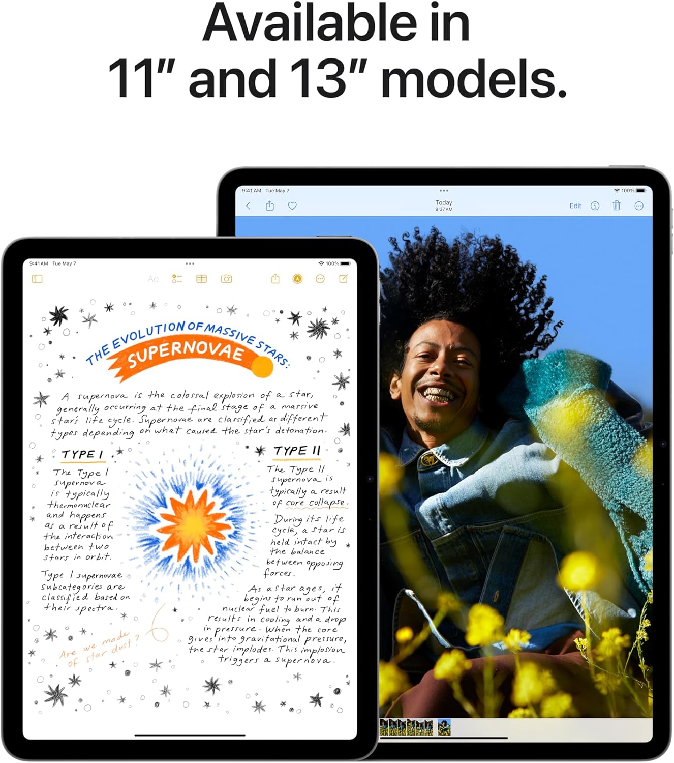 Two iPad Air models, 11-inch and 13-inch, displaying notes and images