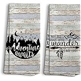 NOQL Camping Dish Towels, Camping Gifts for Women Men, Camping Decor for Camper, RV Accessories, Adventure Awaits Decoration Hand Tea Towels, Set of 2, 16x24