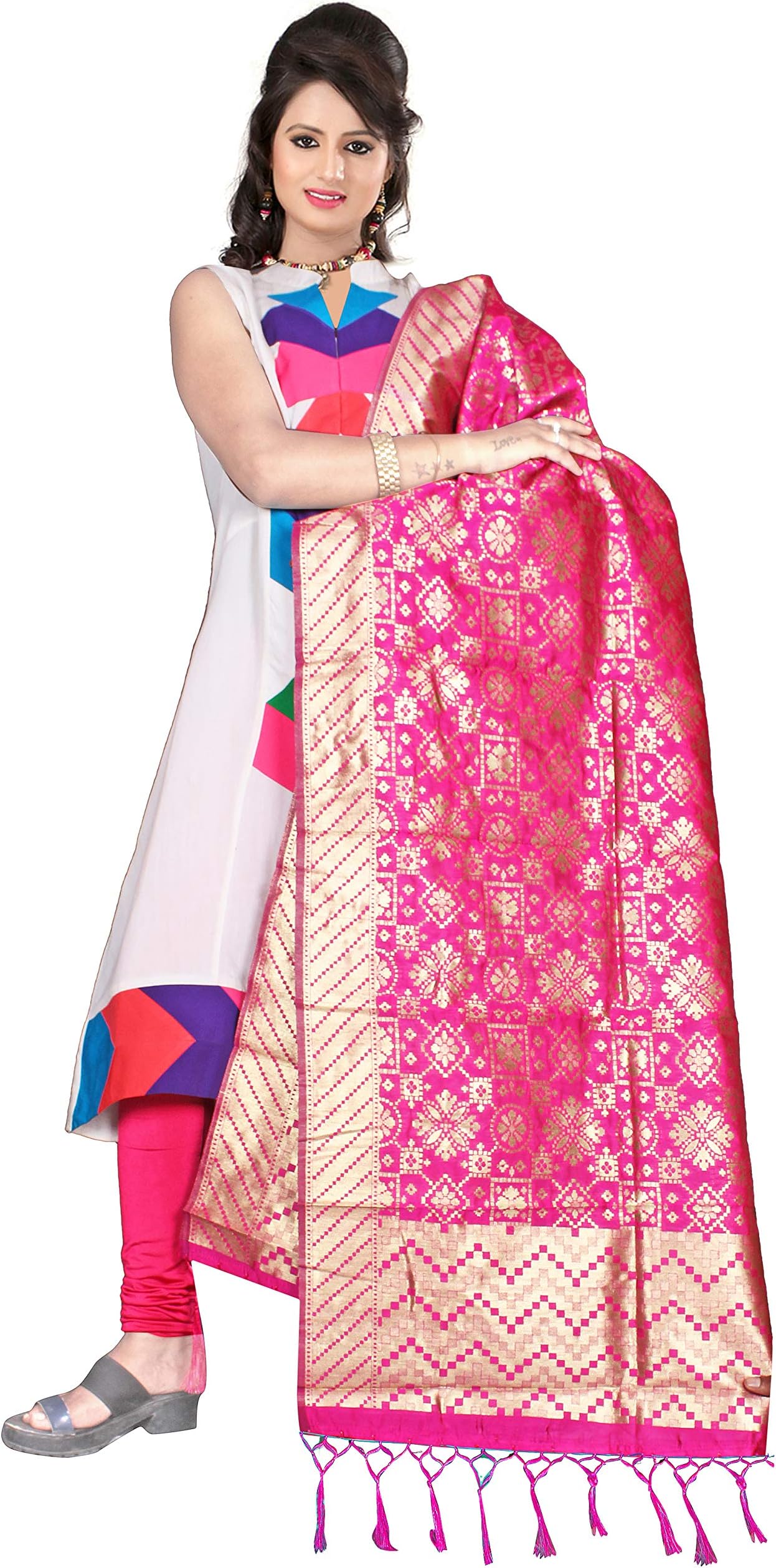 RAHEE COLLECTION Women's Banarasi Silk Dupatta (Pink & Gold)