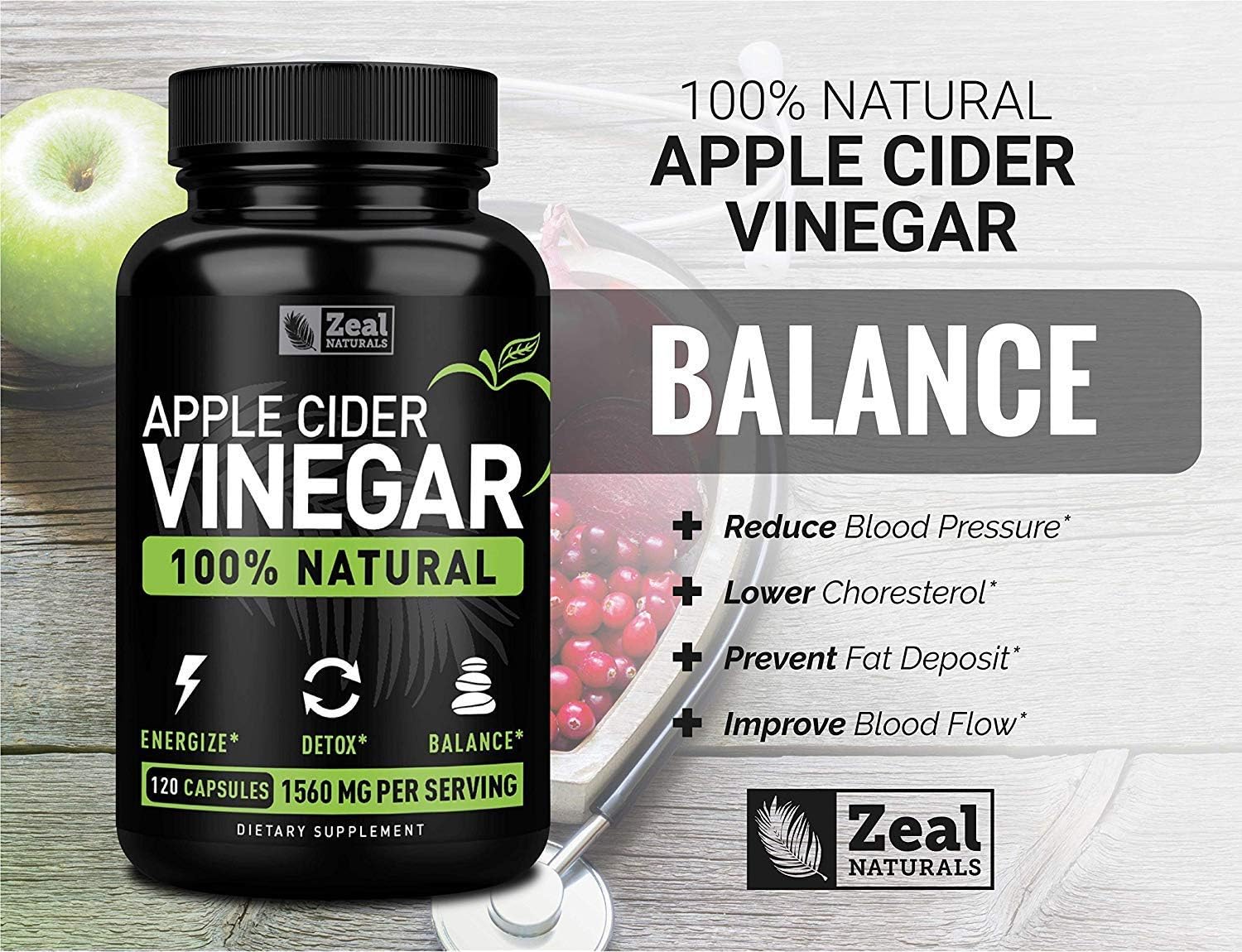 Zeal 100 Natural Raw Apple Cider Vinegar Pills (1560mg 120 Capsules