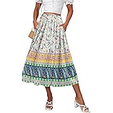 Zeagoo Women's Midi Skirts High Waisted Pleated A-Line Swing Skirts Summer Floral Long Skirts with Pockets