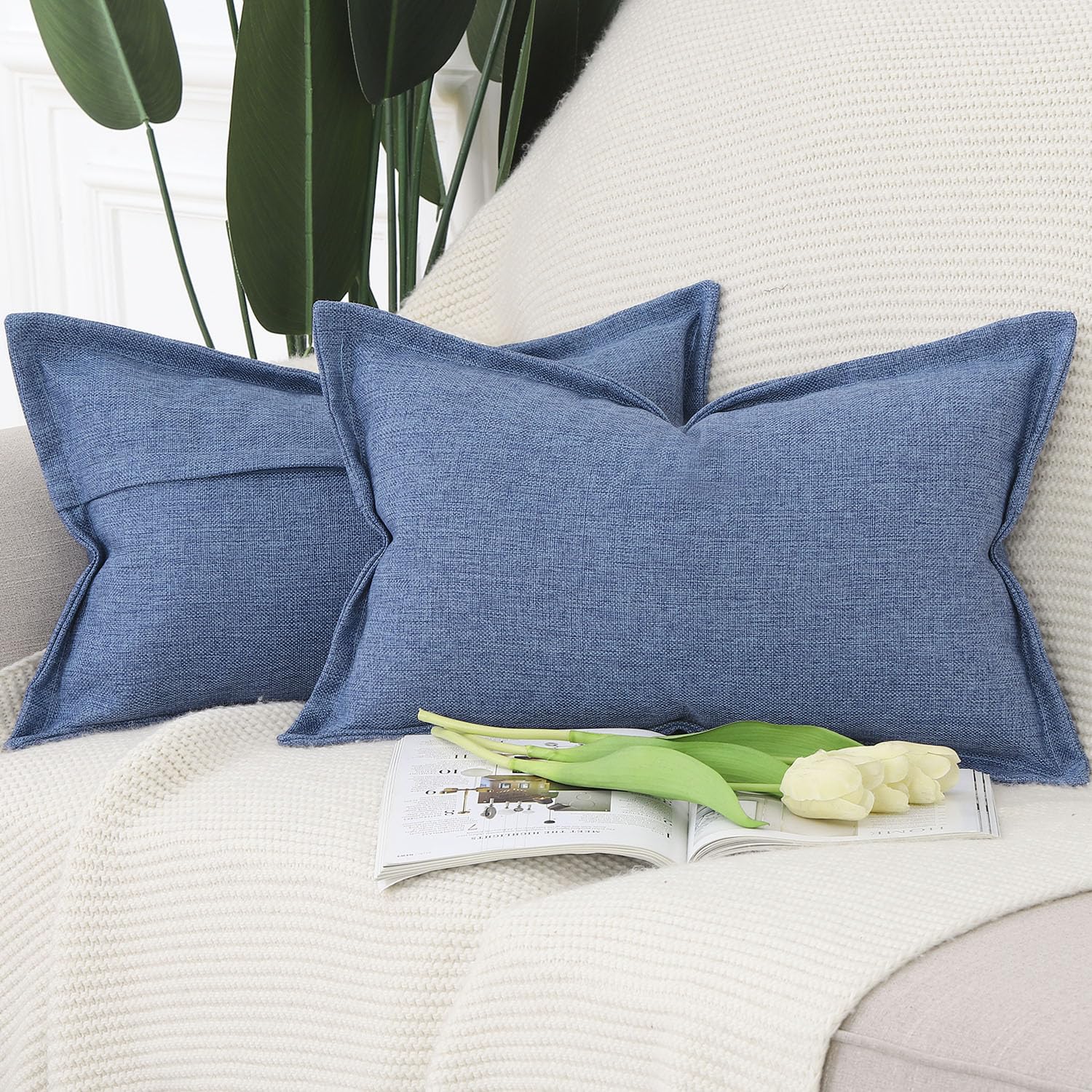 Madizz Set of 2 Faux Linen Cushion Covers with Broad Edge Soft Boho Decorative Pillow Cases for Sofa Bedroom Modern Pillow Shell 12x20 inch, 30x50 cm Denim Blue