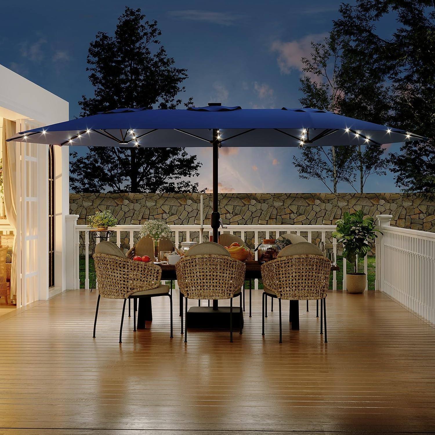 Garvee 15FT Rectangular Outdoor Umbrella Patio Umbrella with Solar Lights & Base Included Large Market Umbrellas with Crank Handle UV Protection Table Umbrellas for Outdoor, Backyard, Deck, Navy Blue