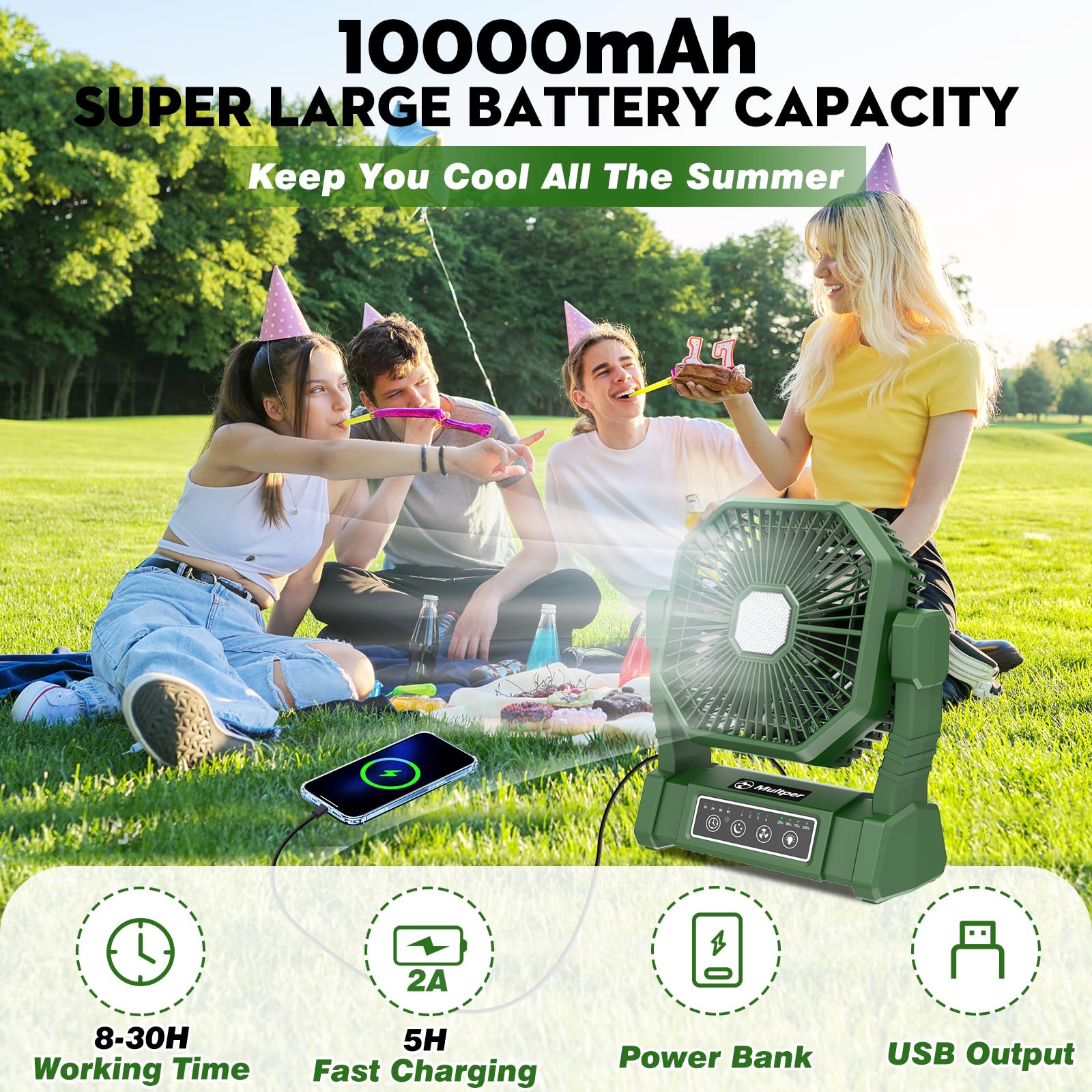 10000mAh Camping Fan Rechargeable with LED Lantern, Portable Fan Outdoor Camping Fans for Tents with Remote & Hook, 4 Speed Powerful USB Table Fan for Fishing, Camping, Travel, Jobsite