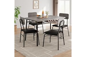 GarveeHome Dining Table Set for 4 with Storage Rack, 5-Piece Kitchen Table and Upholstered Chairs of 4, Wood Tabletop & Heavy-Duty Metel Frame, Dining Room Set for Small Space, Apartment, Gray