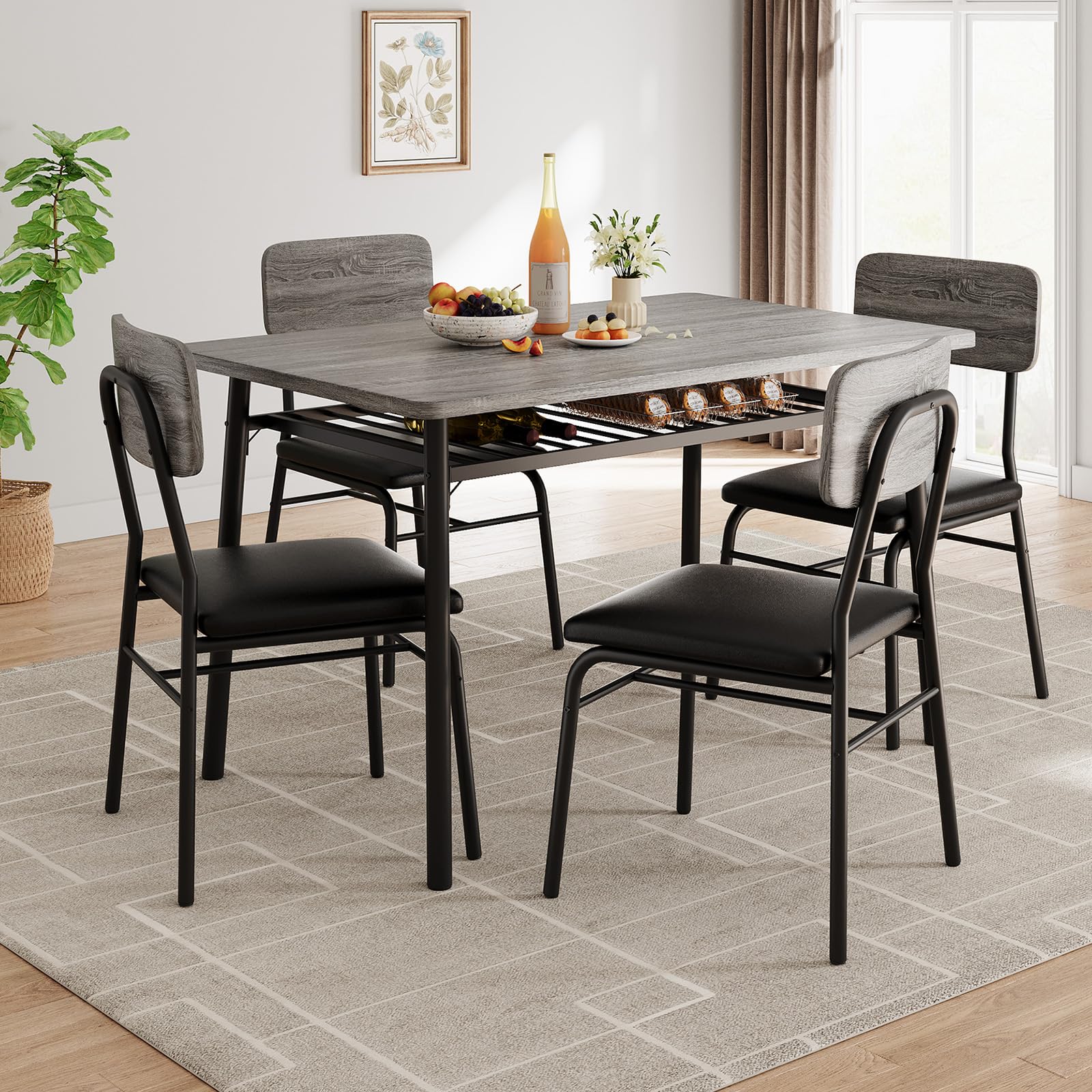 Photo 1 of **HAS DAMAGES/NO ASSSEMBLY HARDWARE** GarveeHome Dining Table Set for 4 with Storage Rack, 5-Piece Kitchen Table and Upholstered Chairs of 4, Wood Tabletop & Heavy-Duty Metel Frame, Dining Room Set for Small Space, Apartment, Gray