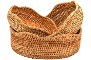 Peohud Set of 3 Rattan Bread Basket, Natural Wicker Fruits Bread Baskets, Wicker Food Storage Baskets Serving Bowl for Bread,