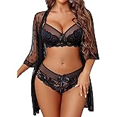 Avidlove Women Sexy Lingerie Set 3 Piece Lace Kimono Robe with Bra and Panty Nightgown Sleepwear