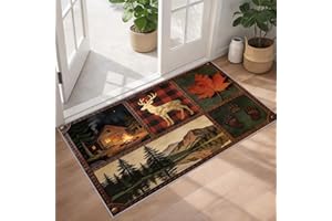 Lodge Cabin Area Rugs 2x3 Rustic Deer Rug for Bedroom, Fall Forest Wildlife Area Rug, Retro Country Cottage Rugs Low Pile Was