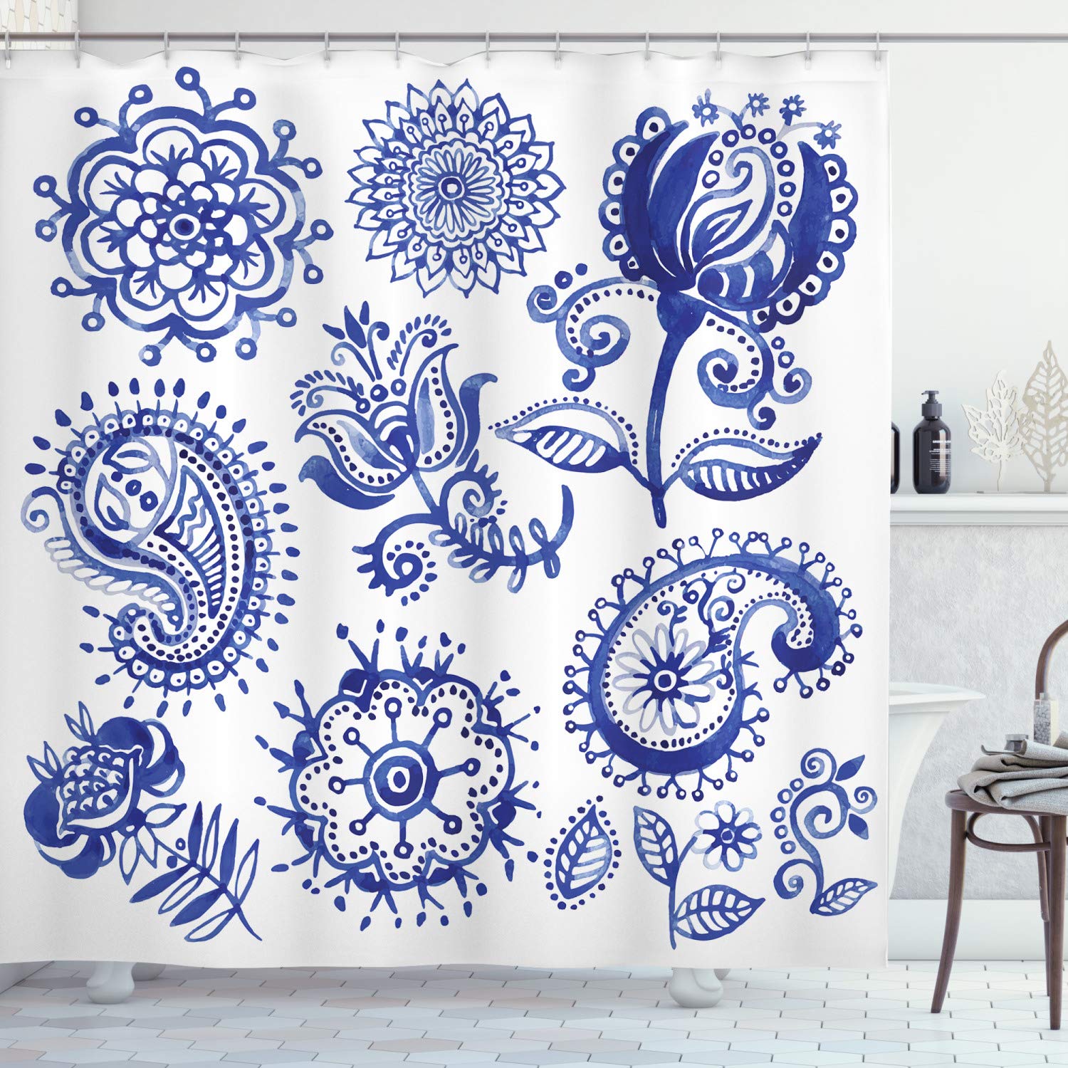 ABAKUHAUS Blue and White Shower Curtain, Old Fashioned Motifs in Watercolor Style Paisley Mandala Floral, Cloth Fabric Bathroom Decor Set with Hooks, 175 x 200 cm, Navy Blue White — image 1