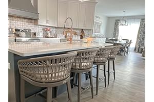 PURPLE LEAF Outdoor Rattan 24" Counter Height Bar Stools Chair Set of 2, Modern Upholstered Patio Bar Stool with Backrest for Indoor and Outdoor, Kitchen Island, Champagne