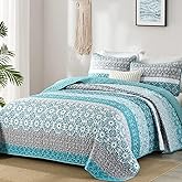 WONGS BEDDING Boho Quilt Set Queen Size,Teal Bohemian Striped Patchwork Bedspread Set,3 Pieces Microfiber Bedding Set for All Seasons (96"x90")
