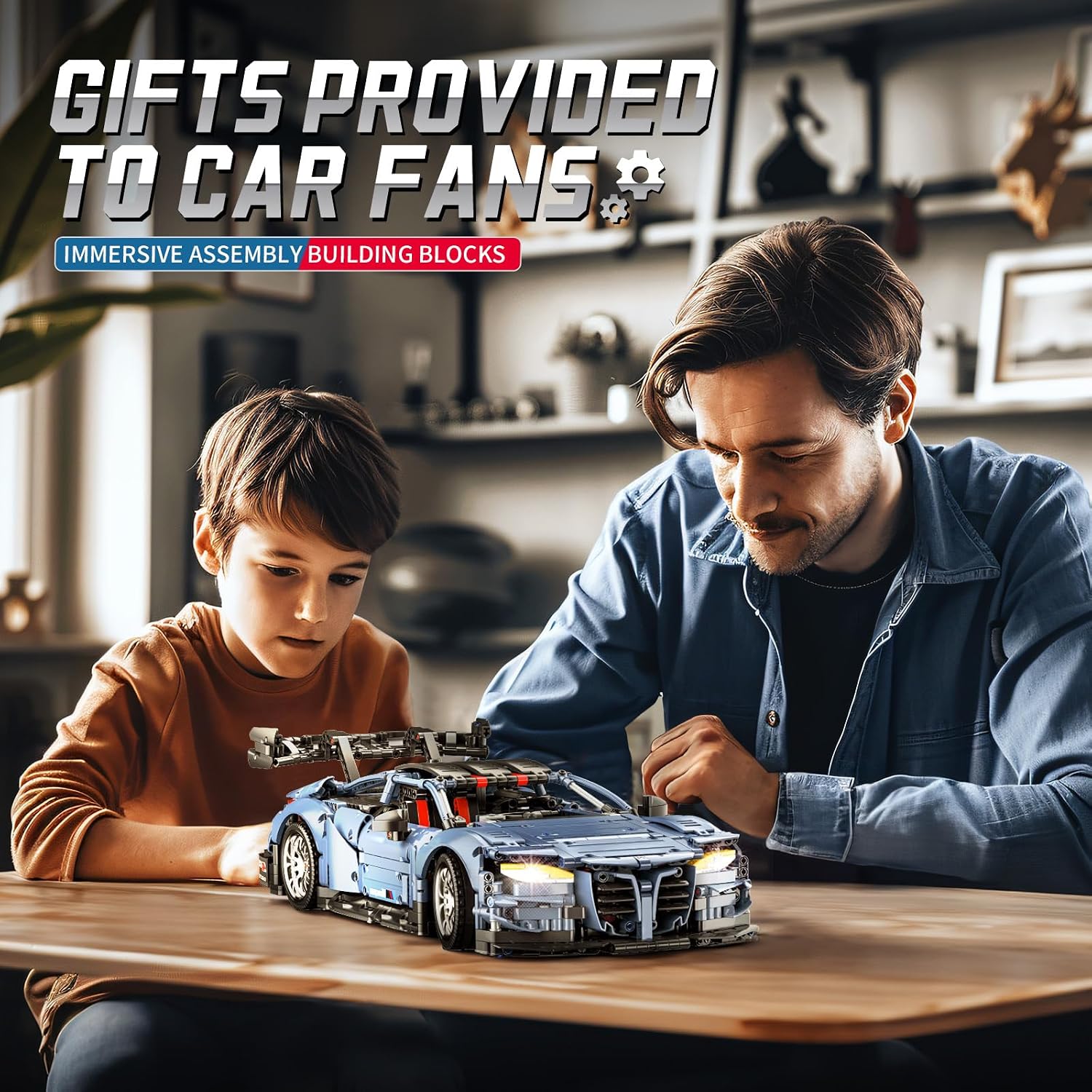 Adult and child assembling the MOCBROPCS M4 Champion building kit.