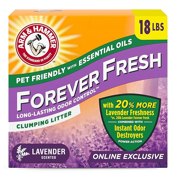 ARM & HAMMER FOREVER FRESH CLUMPING CAT LITTER LAVENDER, MULTICAT CAT LITTER ODOR CONTROL 18LB WITH 20% MORE LAVENDER FRESHNESS, WITH ESSENTIAL OILS