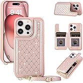 Jcxtrombulous for iPhone 15 Pro Max Wallet Case with Card Holder Slots and Strap, RFID Blocking Magnetic Flip Folio Cover, Crossbody Purse Protection Case with Kickstand,Rose Gold Diamond