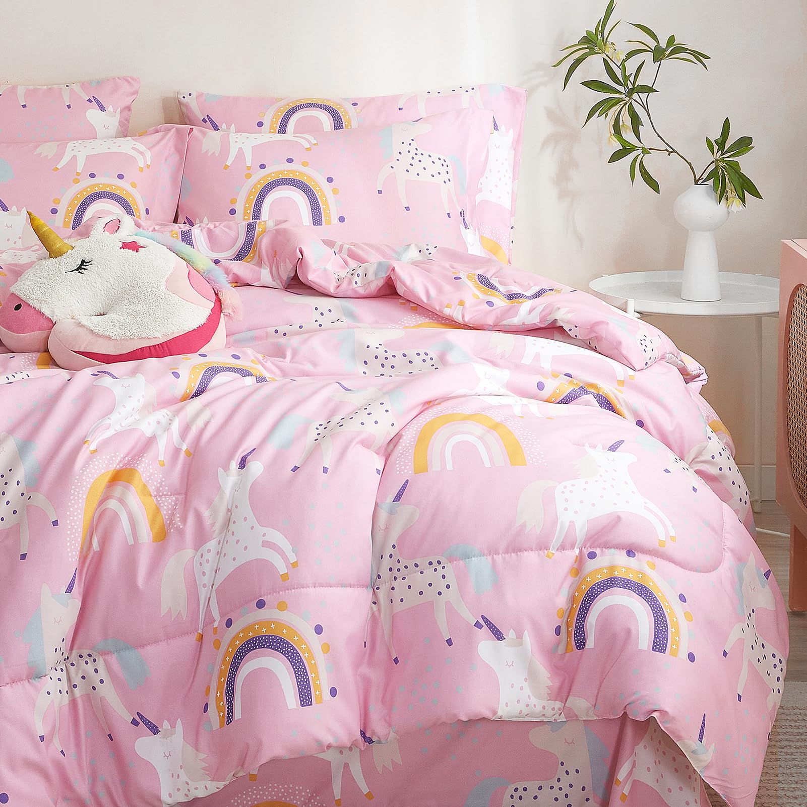 Photo 1 of HollyHOME Pink Unicorn Kids Full/Queen Comforter Set for Girls, 7 Pieces Bed in a Bag Cartoon Unicorn and Rainbow, Print Bedding Set Soft Microfiber Bedding, All Season Room Decor for Teens