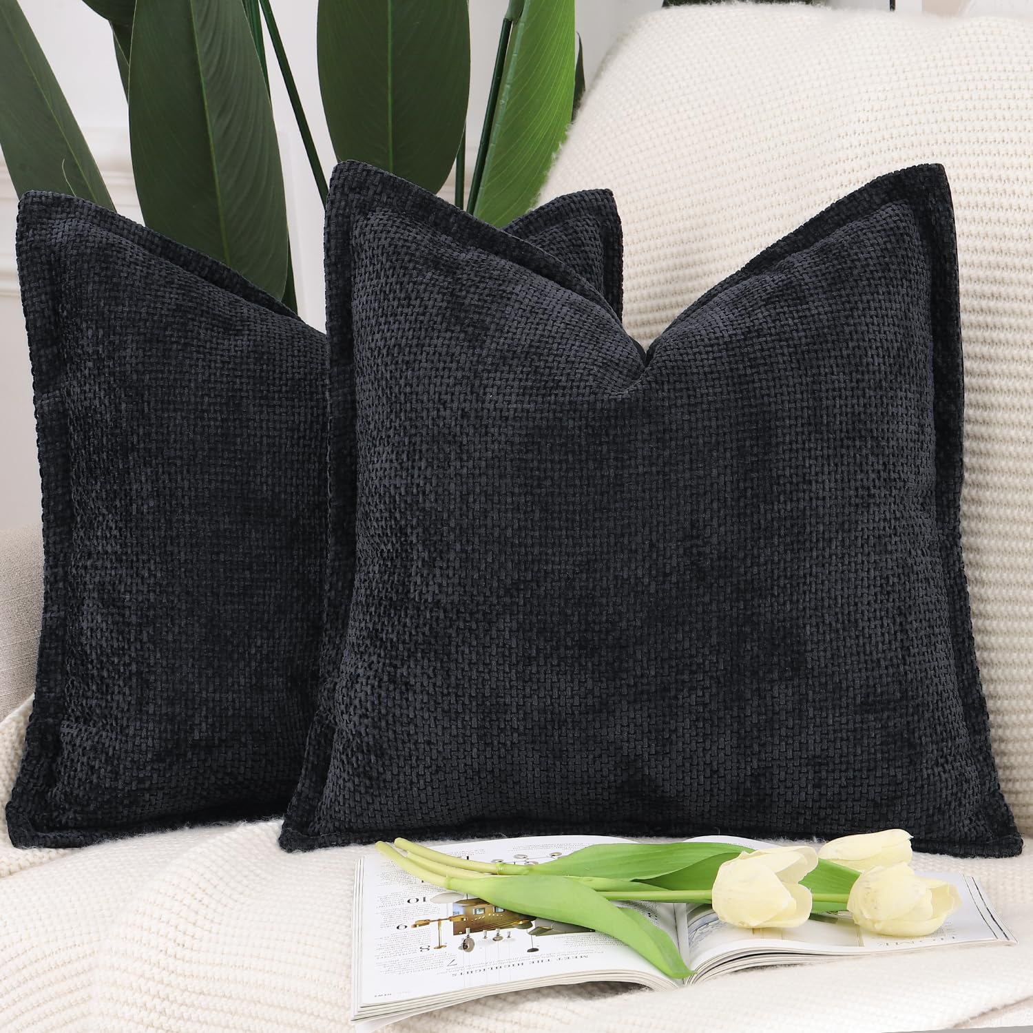 Madizz Set of 2 Chenille Velvet Cushion Covers with Flange Soft Boho Textured Throw Pillow Covers Broadside Pillowcases Modern Farmhouse Home Decor for Sofa Bedroom Black 24x24 inch, 60x60 cm