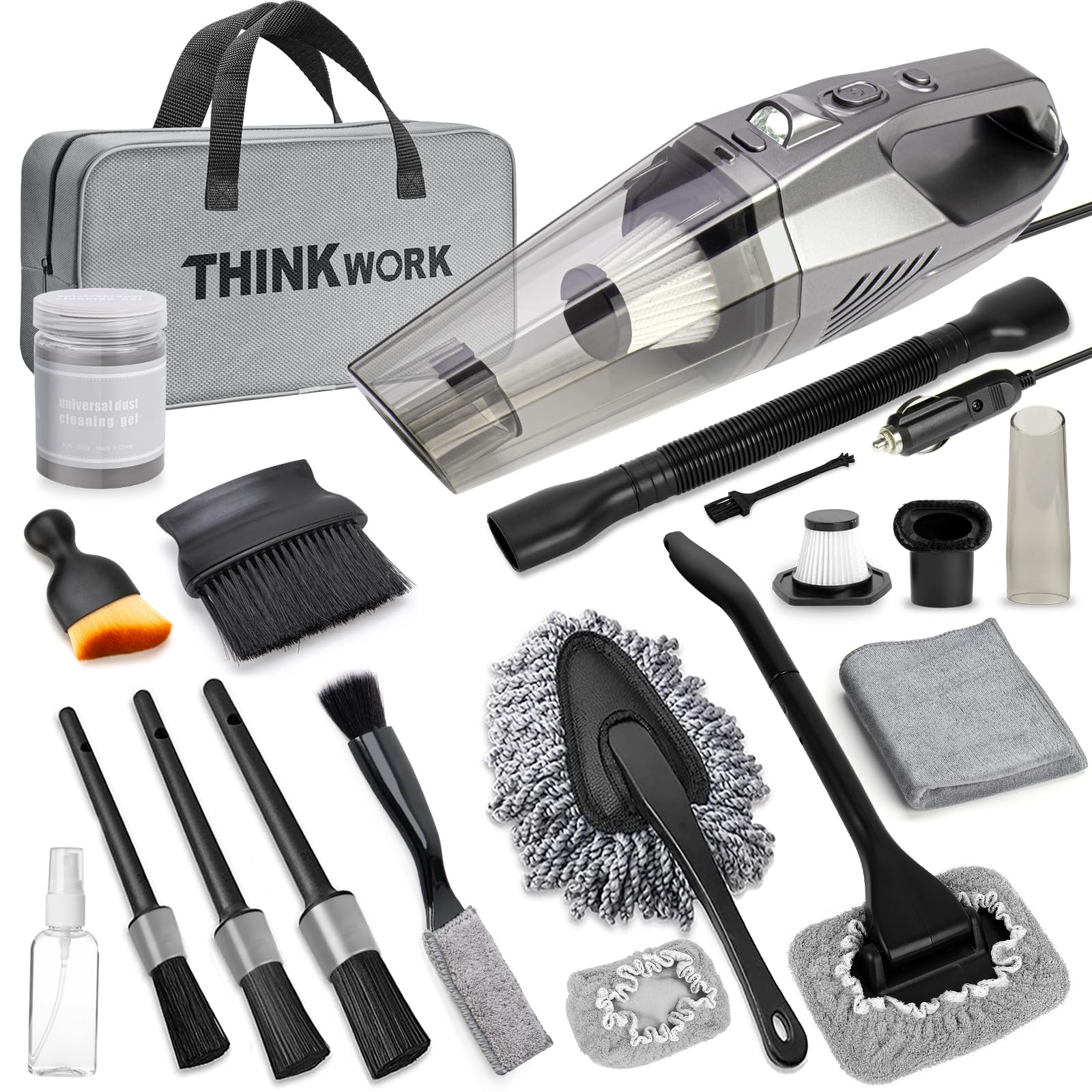 Photo 1 of THINKWORK Car Cleaning Kit, Car Vacuum Kit, Gray Car Interior Detailing Kit with 8000PA High Power Vacuum, Including 7Pcs Detailing Brush Set and Bag
