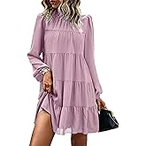 KIRUNDO Long Sleeve Baby Doll Dresses Women 2026 Casual Spring Summer Ruffle Mock Neck Tiered Mini Flowy Swing Shift Dress