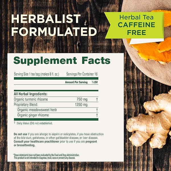 TRADITIONAL MEDICINALS ORGANIC, TURMERIC TEA WITH GINGER & MEADOWSWEET – SUPPORTS NORMAL RESPONSE TO INFLAMMATION – KOSHER, NON-GMO, CAFFEINE-FREE, COMPOSTABLE – 16 TEA BAGS