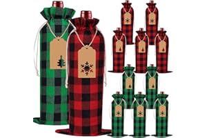 DULEFUN 12pcs Christmas Wine Burlap Bags, Christmas Wine Bags Classic Buffalo Plaid Wine Bottle Bags Reusable Burlap Xmas Wine Bottle Covers Clothes for Christmas New Year Wedding Holiday Parties