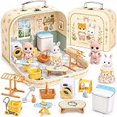 Dollhouse Laundry Room Furniture Suitcase Set for Kids, 2 Flexible Dolls/Washing Machine/Dryer/Ironing Board/Drying Rack, Pretend Play Dollhouse Accessories Christmas Birthday Gift for Girls Ages 3+