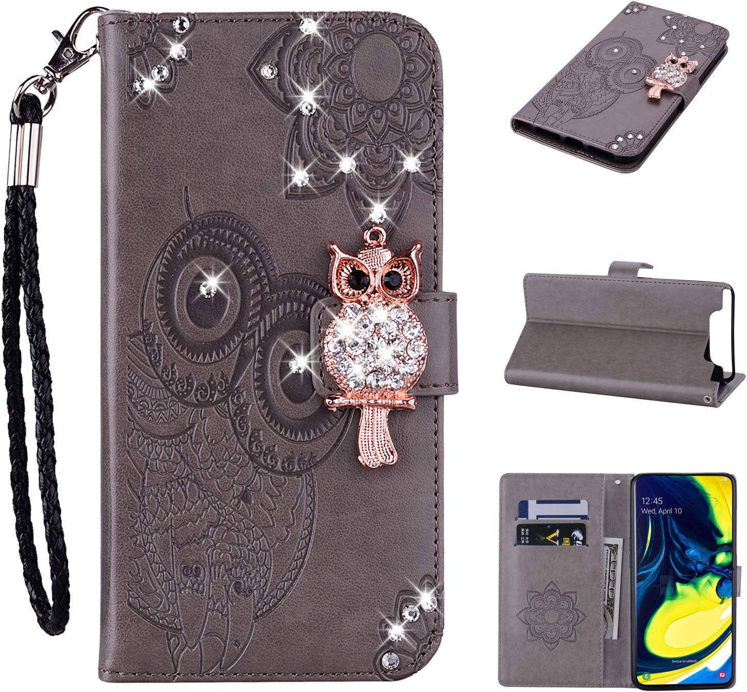 EWCover Wallet Case for Samsung Galaxy A80,Owls Bees Floral Pattern Premium Leather Flip Cover Case with Luxurious Diamond