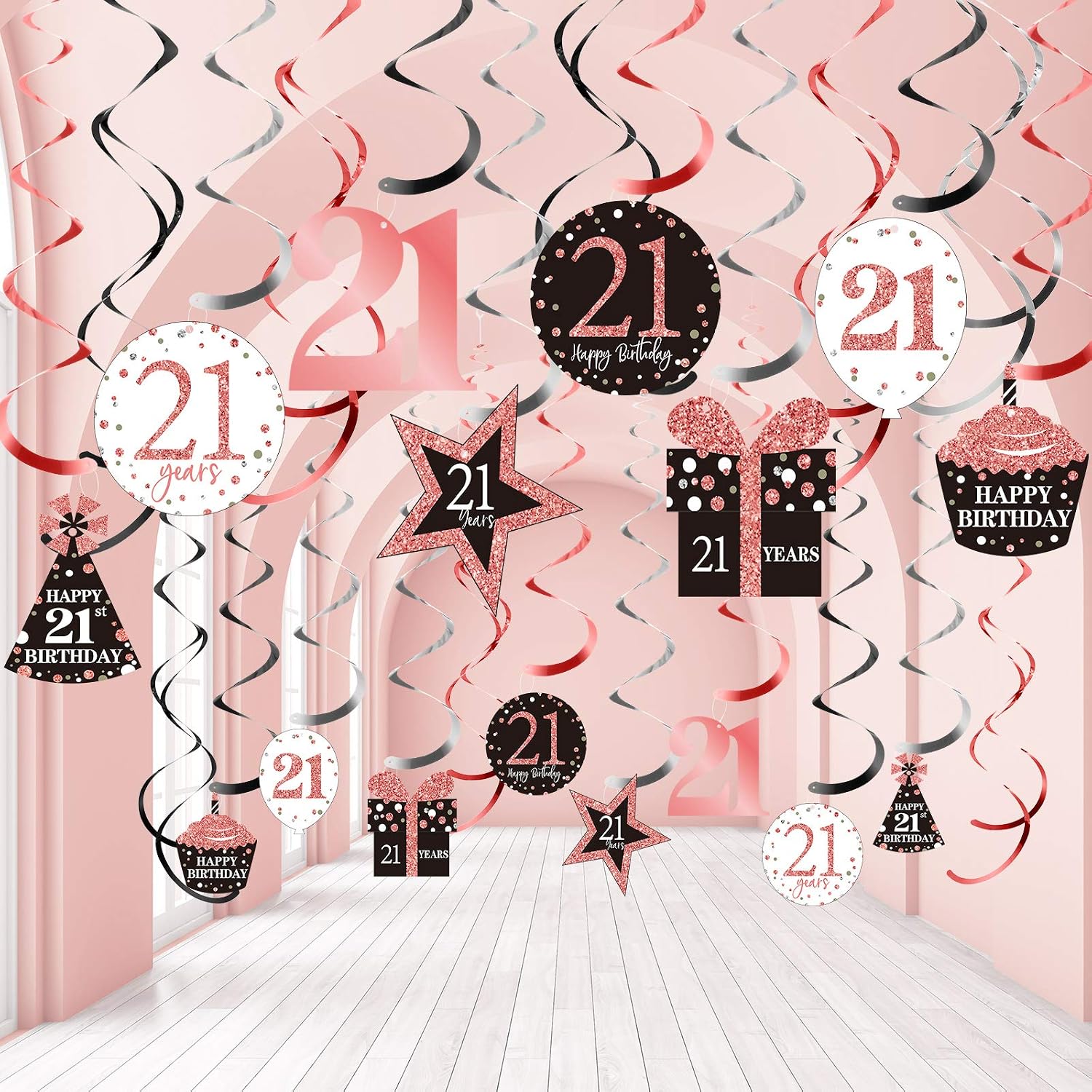 Rose Gold 21st Birthday Hanging Swirls Ceiling Decorations - Shiny Foil Swirls for Women's 21st Birthday - 30 Count