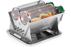 DEERFAMY Grill Baskets for Outdoor Grill Kit, Electric BBQ Grill with 2 Rolling Grilling Baskets, Auto Swivel Roasting Grill for Grilling Vegetables, Seafood, and Meat in Backyard or Patio