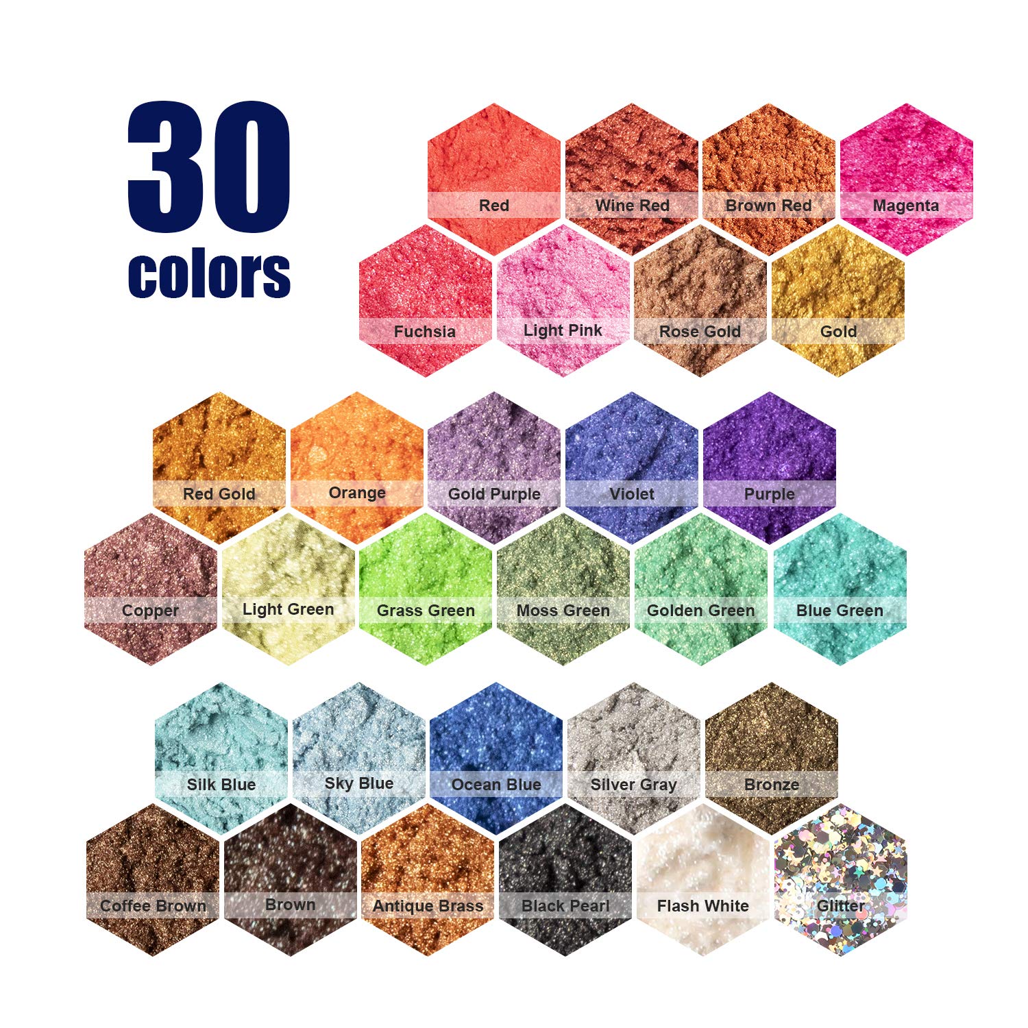 Mica Powder 30 Colors Pigments Glitter Epoxy Resin Dye for Soap Candle Cosmetic Eyeshadow Makeup Nail Slime Paint Bath Bomb, 0.35oz Per Color