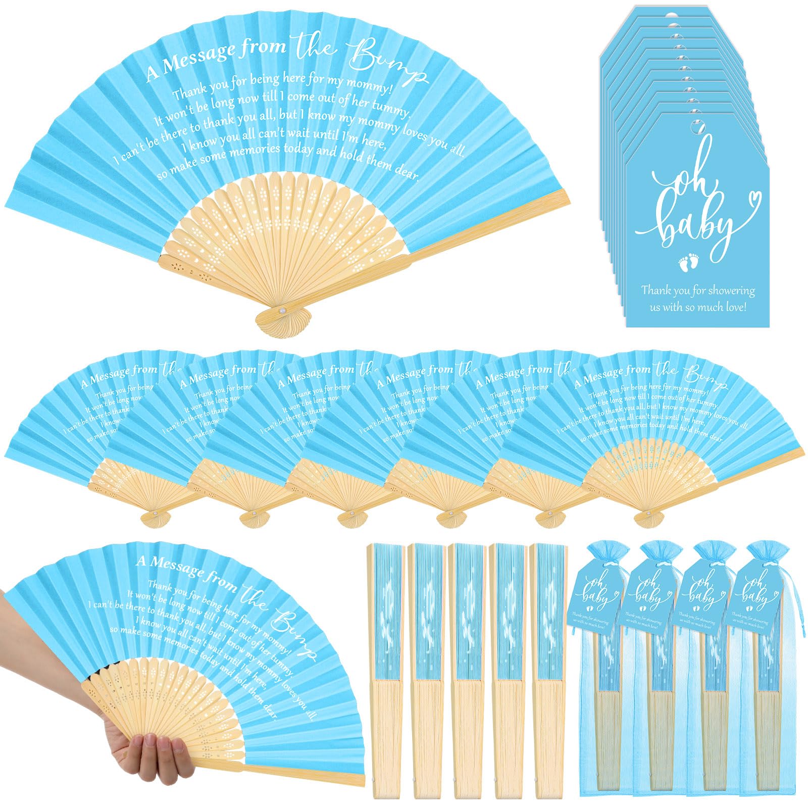 Photo 1 of Threehoney Baby Shower Favors for Guests Folding Paper Fans a Message from The Bump Favors Bamboo Fans with Thank You Tags Handheld Fans Baby Shower Party Favor for Girl Gender Reveal(Blue,25)