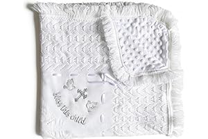RUNEAOYS Baptism Gifts for Boys Girls White Crochet Christian Baby Blanket Soft Minky Dot Christening Towel
