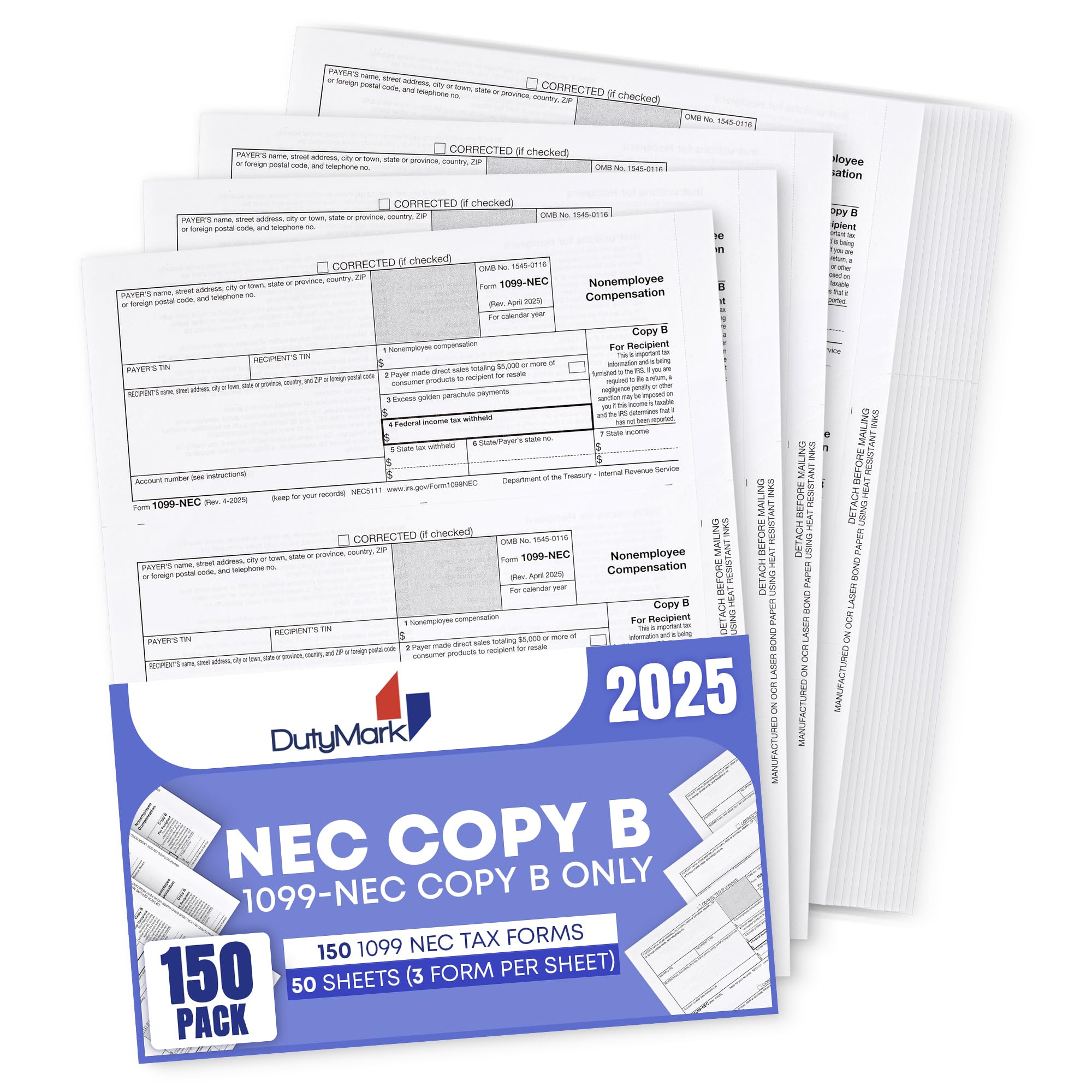 Photo 1 of 1099 Nec Copy B 2025 - Income - Recipient, Pack for 150 Recipients 50 Sheet, 2025 Copy B