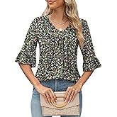 LOMON 3/4 Sleeve Tops for Women Summer Dressy Casual V Neck Shirts Ruffle Sleeve Loose Blouses
