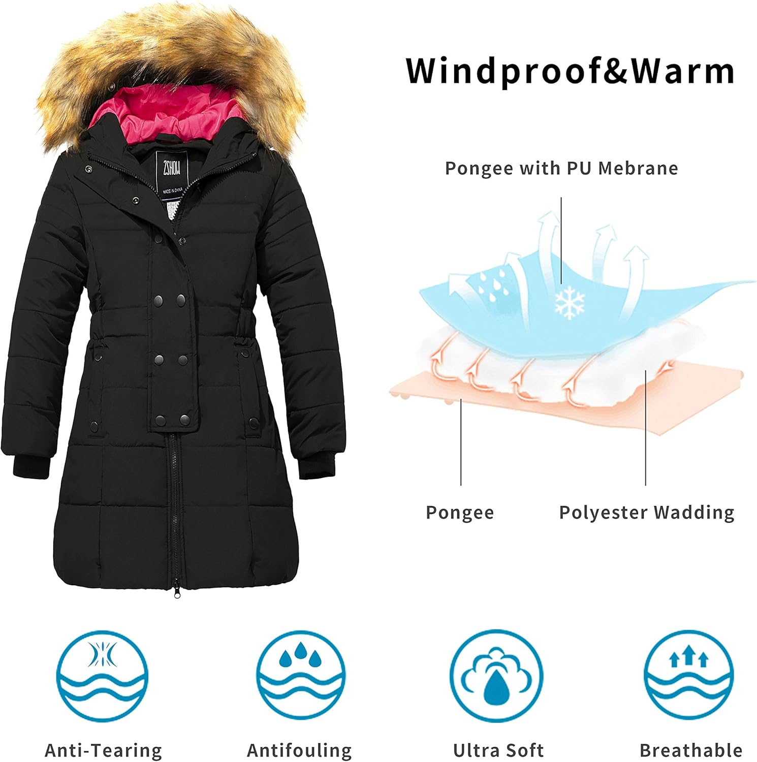 ZSHOW Girls' Long Winter Coat Parka Water Resistant Warm Puffer Jacket: Clothing