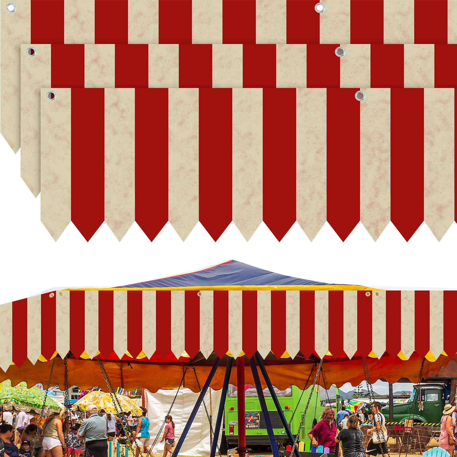Photo 1 of SmoothNovelty 3 Pcs Creepy Carnival Tent Circus Carnival Hanging Decorations Banner Red White Striped Party Supplies for Halloween Mardi Gras Theme Celebration, 9.84 x 78.74 in