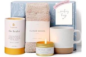 UNBOXME GIFTS Unboxme Get Well Gift Box - USDA Organic Get Well Soon Self Care Package for Women | Fluffy Socks, Mug, Lemon & Ginger Tea Set, Sea Salt, Sage Scented Candle, Sending Hugs Card | Feel Better Basket